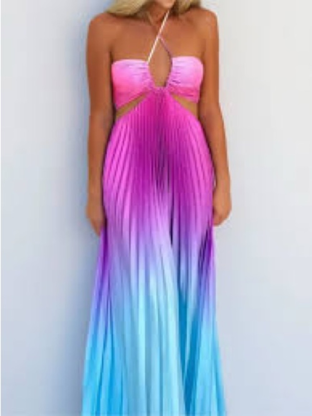 Gradient Halter Pleated Maxi Dress in Pink to Blue Ombre